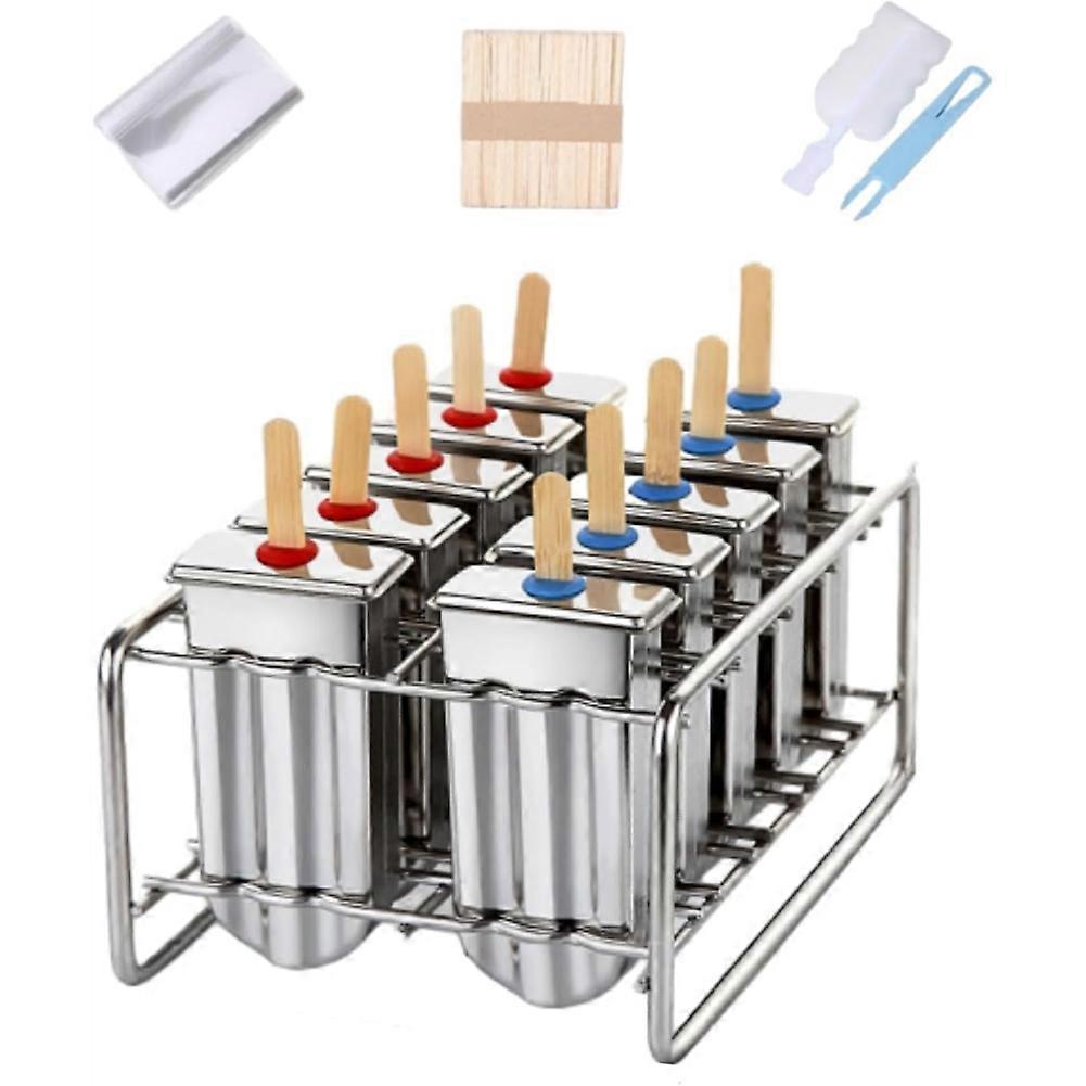 10Pcs Stainless Steel Popsicle Molds and Rack Ice Cream Popsicle Molds with 10 Square IcePop Makers