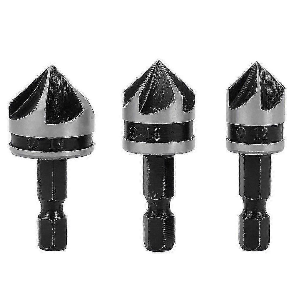 3pcs 1/4" Hex HCS Chamfer Cutter 5 Flute Drill Bit Chamfer Bits Countersink Sink Countersink 12mm/16mm/19mm For Wood Metal