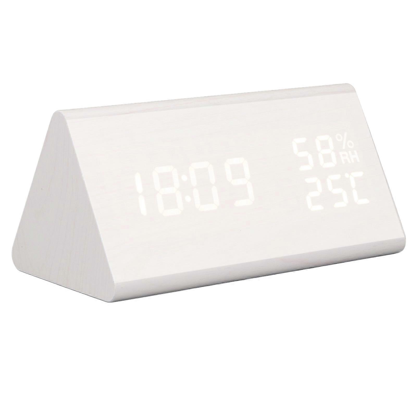 LED Digital Alarm Clock Multipurpose Wooden Clock with Voice Control Humidity Temperature Week Time Display White Wood