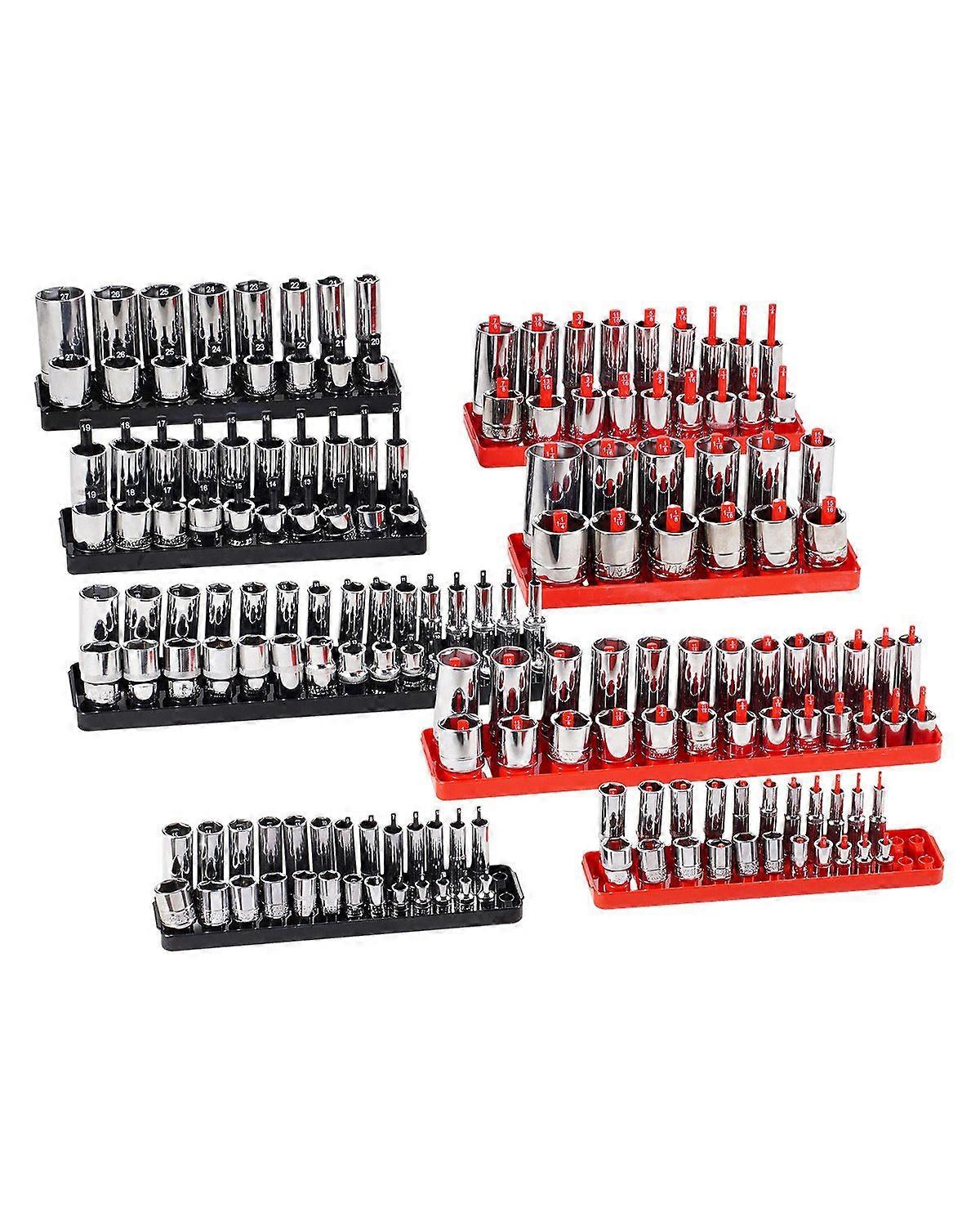 Socket Organizer Set, 8PCS High-Rod Socket Holder, 1/4'', 3/8'' & 1/2'' Metric SAE Socket Trays with Clear Labels, Black & Red