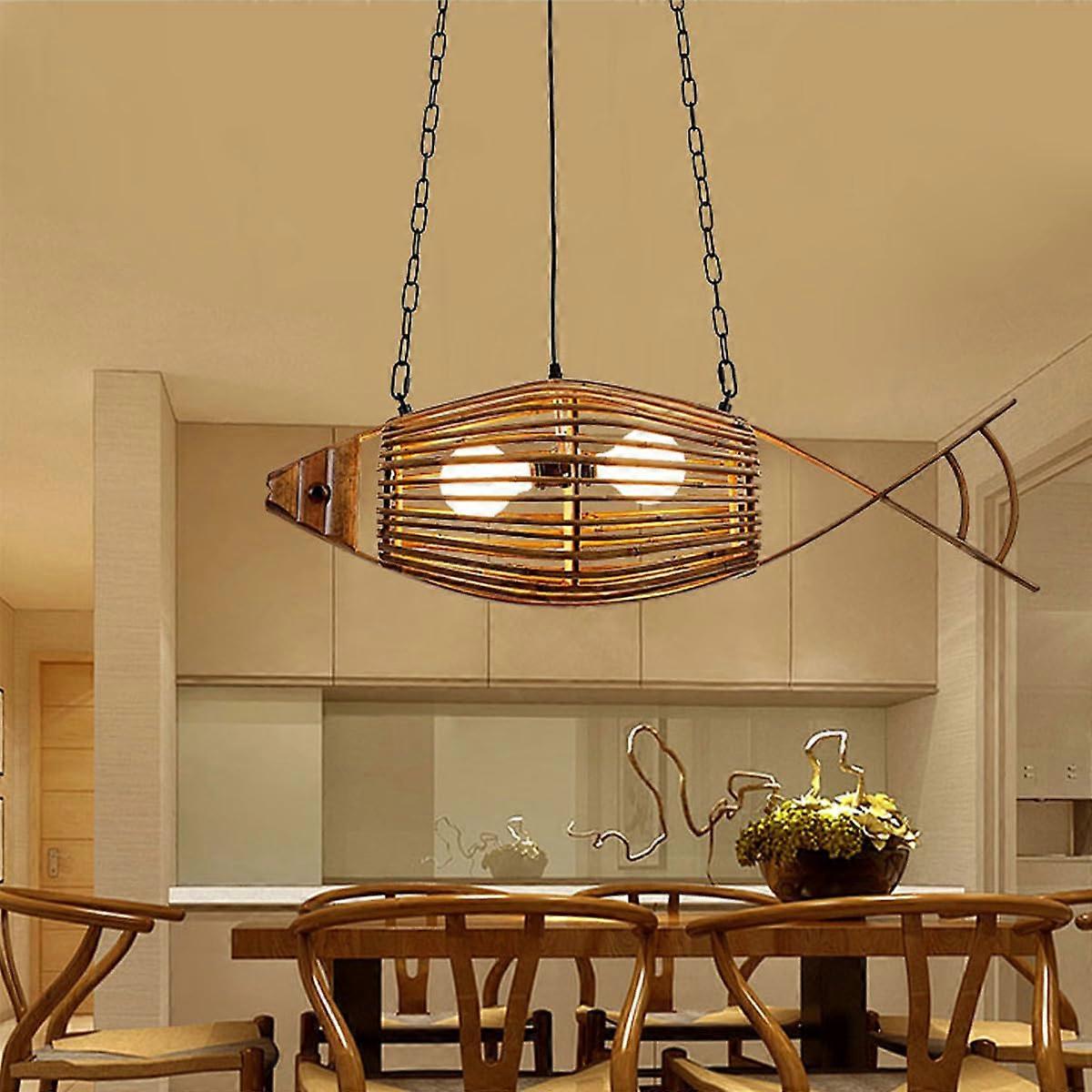 Bamboo Pendant Light with FishShaped Design, Handwoven Boho Ceiling Lamp, Adjustable for Kitchen