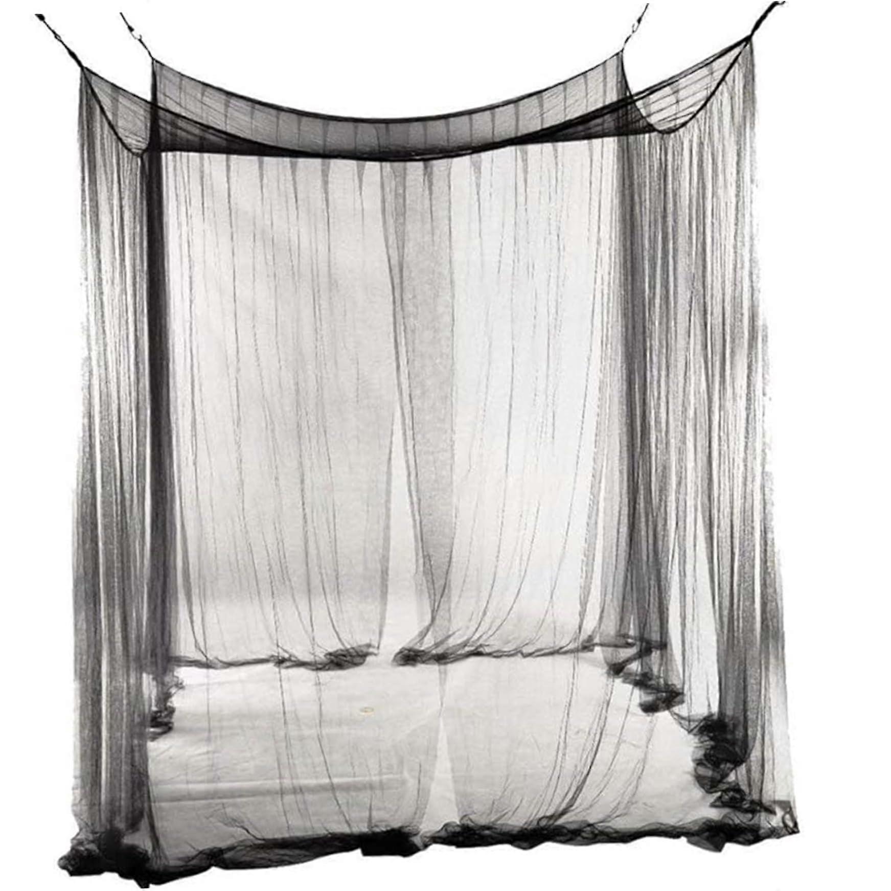 Bed Canopy with Side Curtains Large King Size Mosquito Net Black Polyester Breathable Fine Mesh