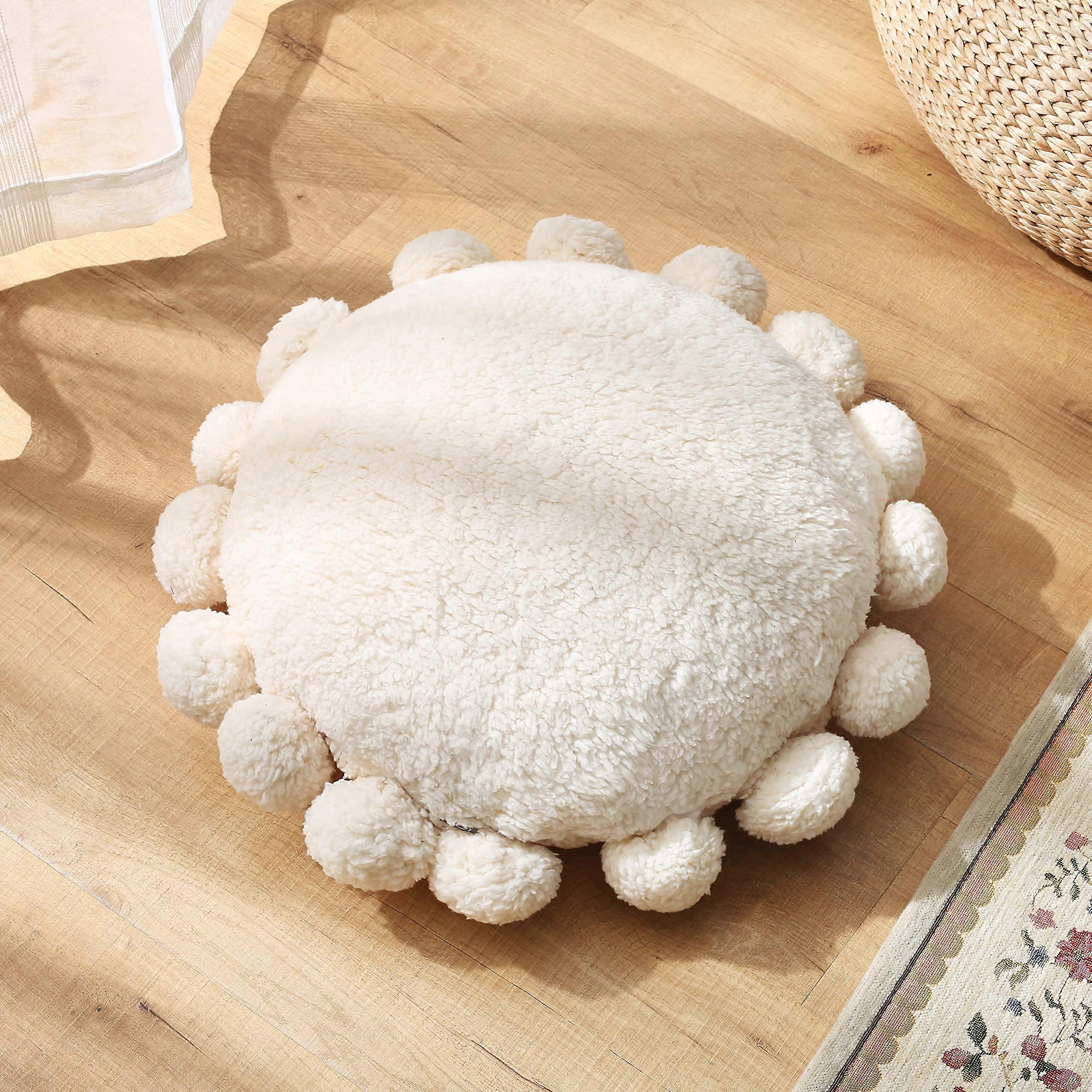 Boho Throw Pillows Round Floor Cushion with Pom Poms, Plush Pouf for Living Room and Bedroom