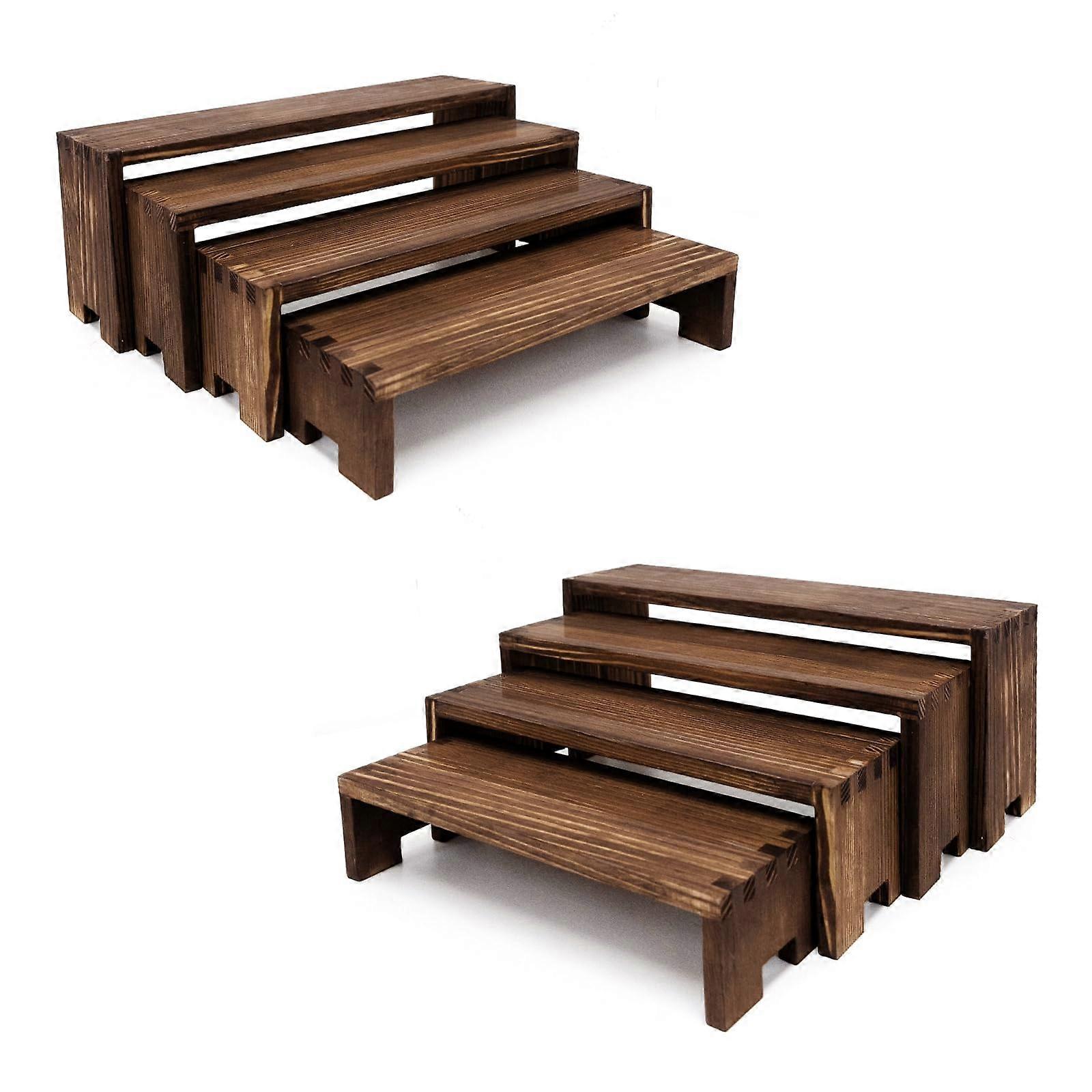 Wood Display Risers Set of 8, Rustic Wooden Tiered Stand, Solid Wood MultiSize Shelves Brown