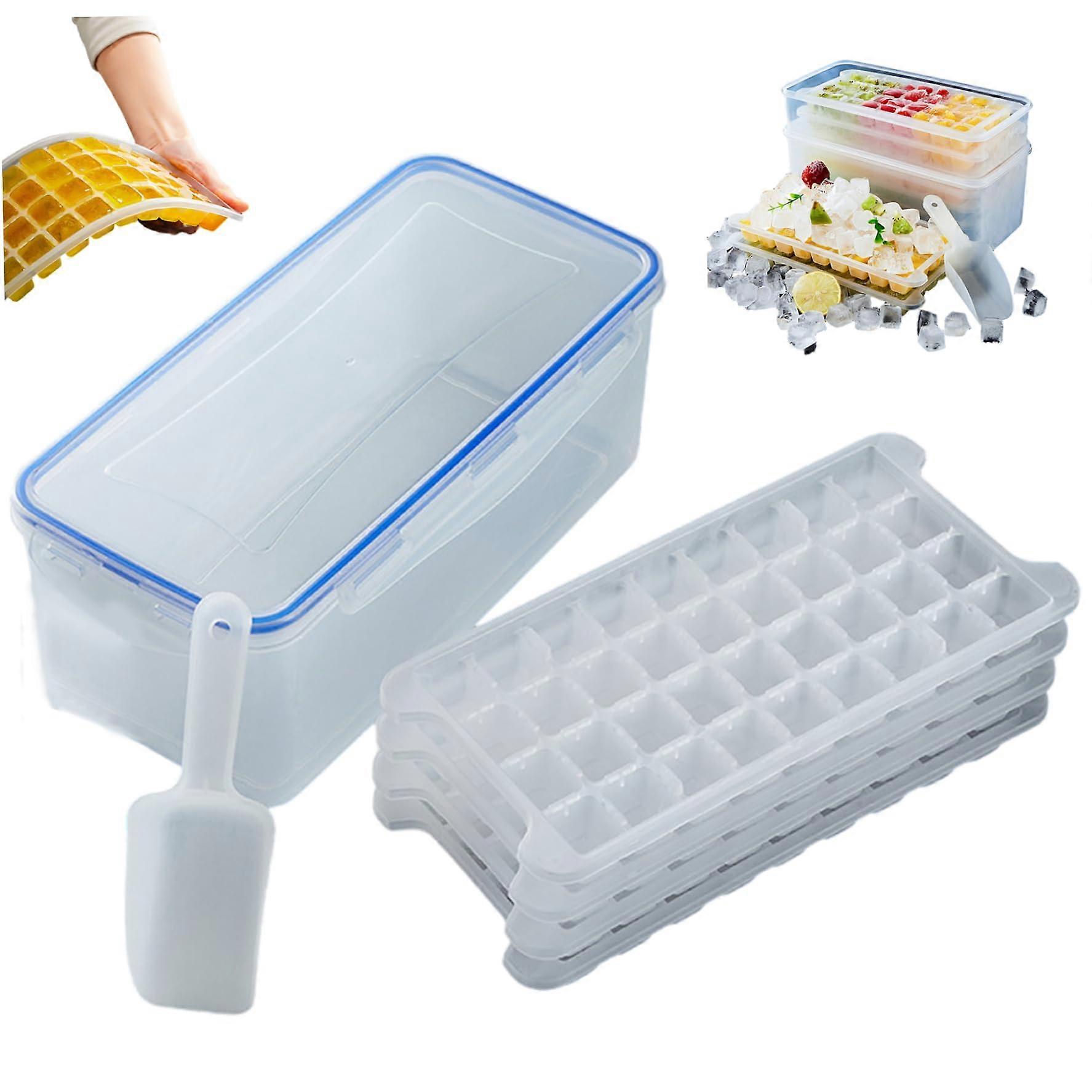 Ice Cube Tray with Lid and Bin, 4 Tier Stackable Easy Release Set with Scoop for Freezer and Drinks