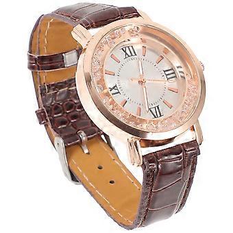 Quartz horloge voor dames met strassversiering. Koffiekleurig