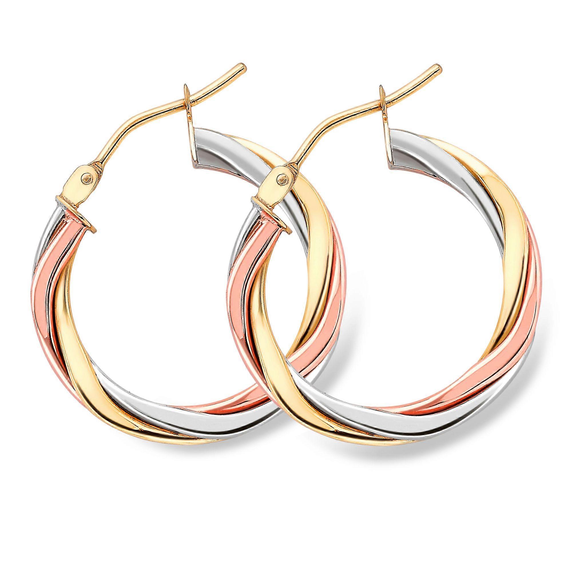 Jewelco London 9ct 3 Colour Gold Russian Wedding Ring Twist Hoop Earrings 2mm