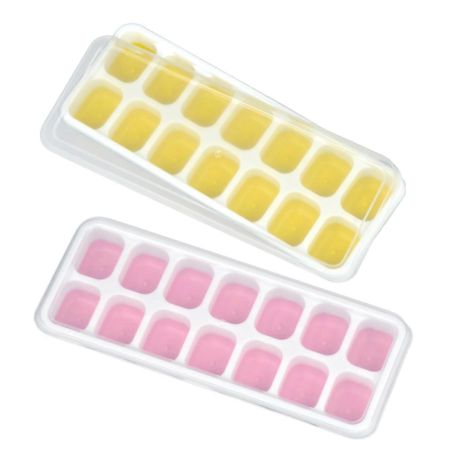 Silicone Ice Cube Trays with Lids, Easy Release, Stackable 2 Pack for Freezer Drinks Yellow Pink