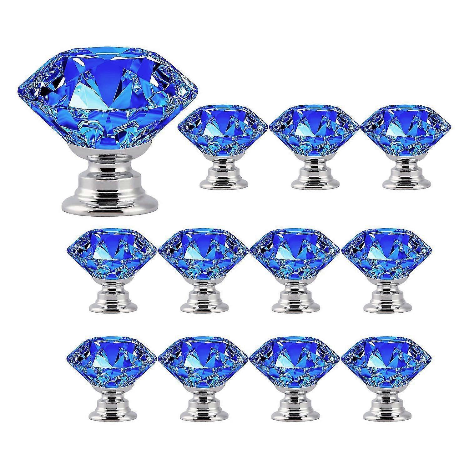 12 Pcs 30mm Glass Dresser Knobs Diamond Drawer Knobs Pulls Handles Kitchen Cabinet Knobs (blue)