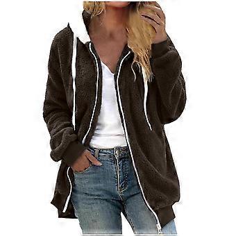 Damski płaszcz zimowy z polaru plus size, rozpinana bluza z kapturem, lekka bluza ze sztucznego futra – brązowy, XXL