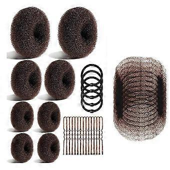 Bun Maker and Hair Nets Set,with 8 Bun Makers compatible with Women, 10 Brown Invisibility Nets,5 Elastic Bands and 40 U Pins Brown