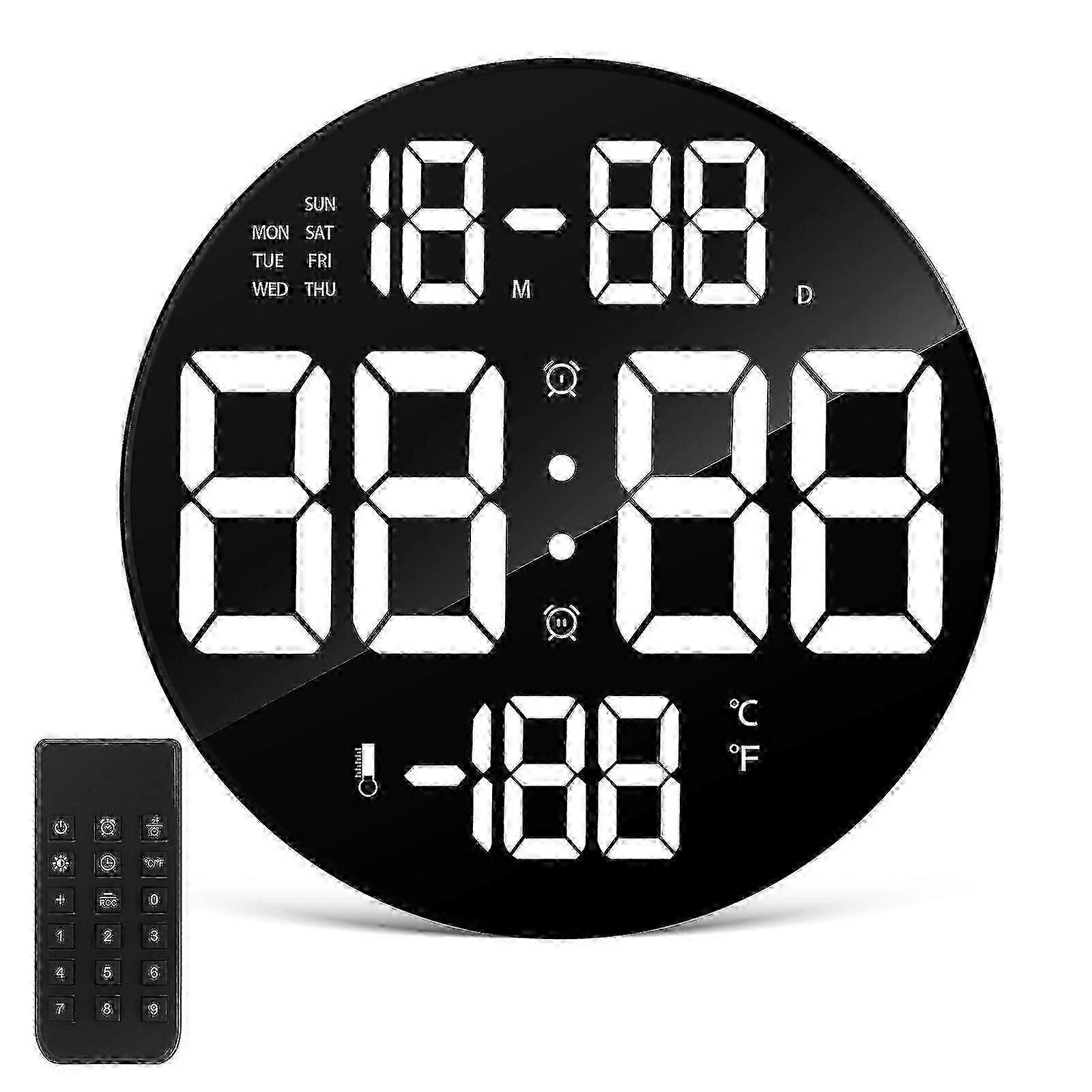Round Digital Wall Clock Large Screen Alarm Temperature Display LED Clock with Remote Control