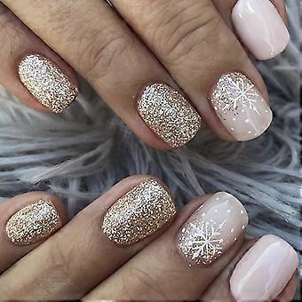 Christmas Press On Nails Set  Short Square Pink and Gold Glitter Snowflake Full Cover Fake Nails