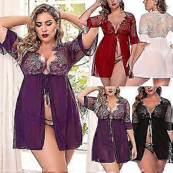 Plus Size Women's Lingerie Open Front Babydoll Chemise Sleepwear Sheer Mesh Robe 26-27s