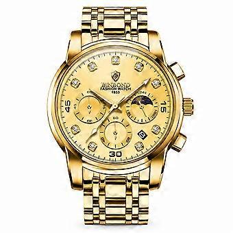 Men's Multifunction Quartz Watch BINBOND Business Gold Dial Gold Bracelet Full Gold JY