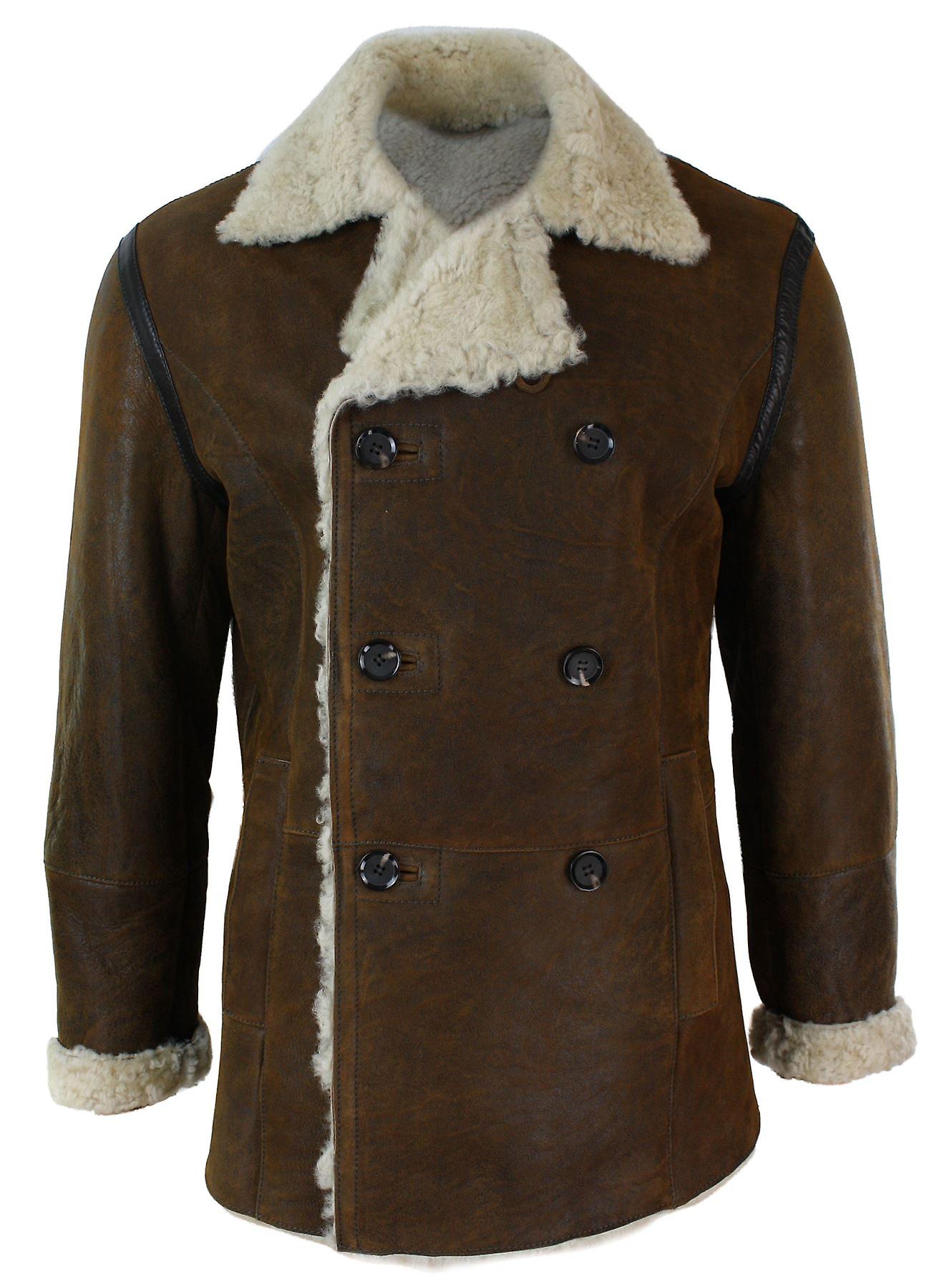 Men's Real Shearling Sheepskin Double Breasted Jacket Vintage