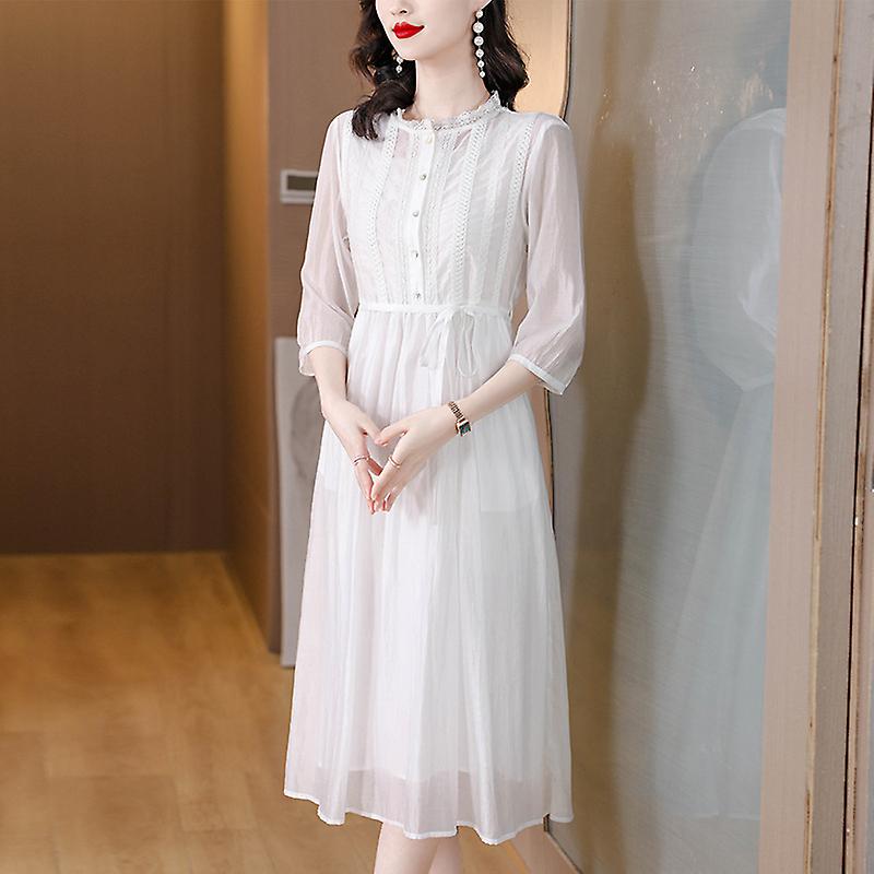 White Chiffon National Style Literary Retro Elegant Temperament Gentle Slimming Long Skirt