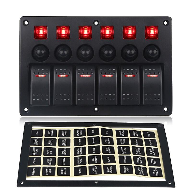 Frentaly 6-Gang Waterproof LED Rocker Switch Panel – Red LED, Circuit Breaker, 12-24V For Car Marine Boat