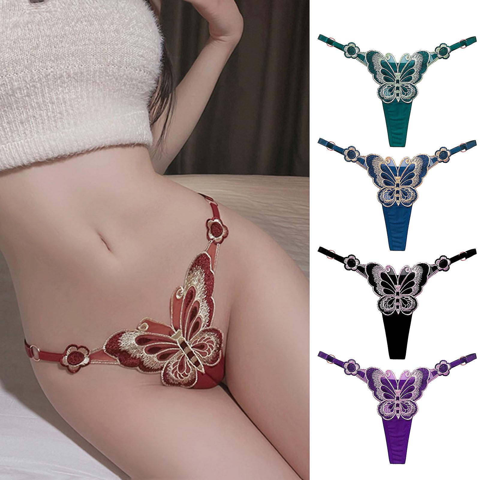 Women G-string Triangle Metal Ring Butterflies Embroidery Adjustable Lady Thong Inner Wear Clothes