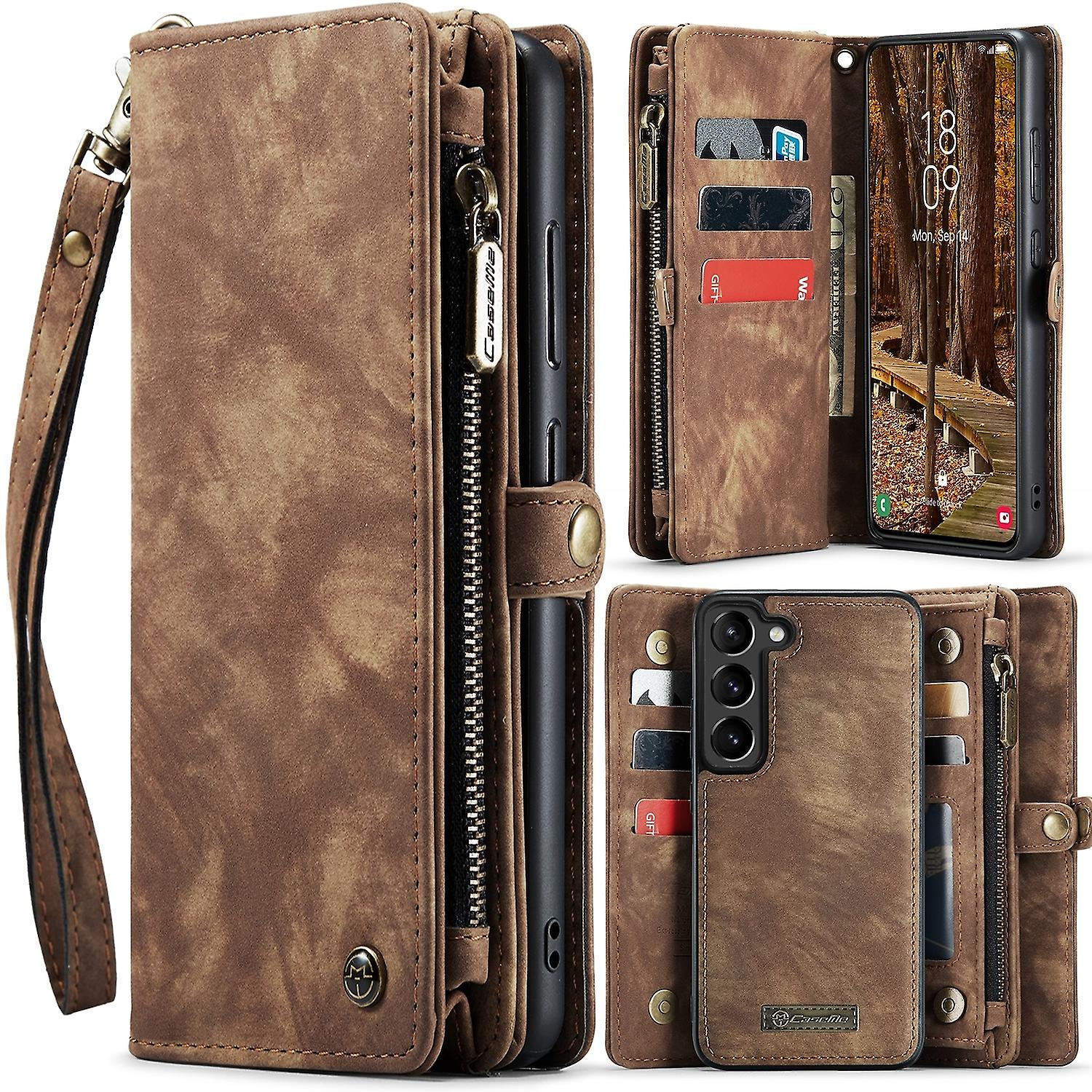 For Samsung Galaxy S24 Plus CaseMe Faux Leather Multifunction Zipper Wallet Case Brown