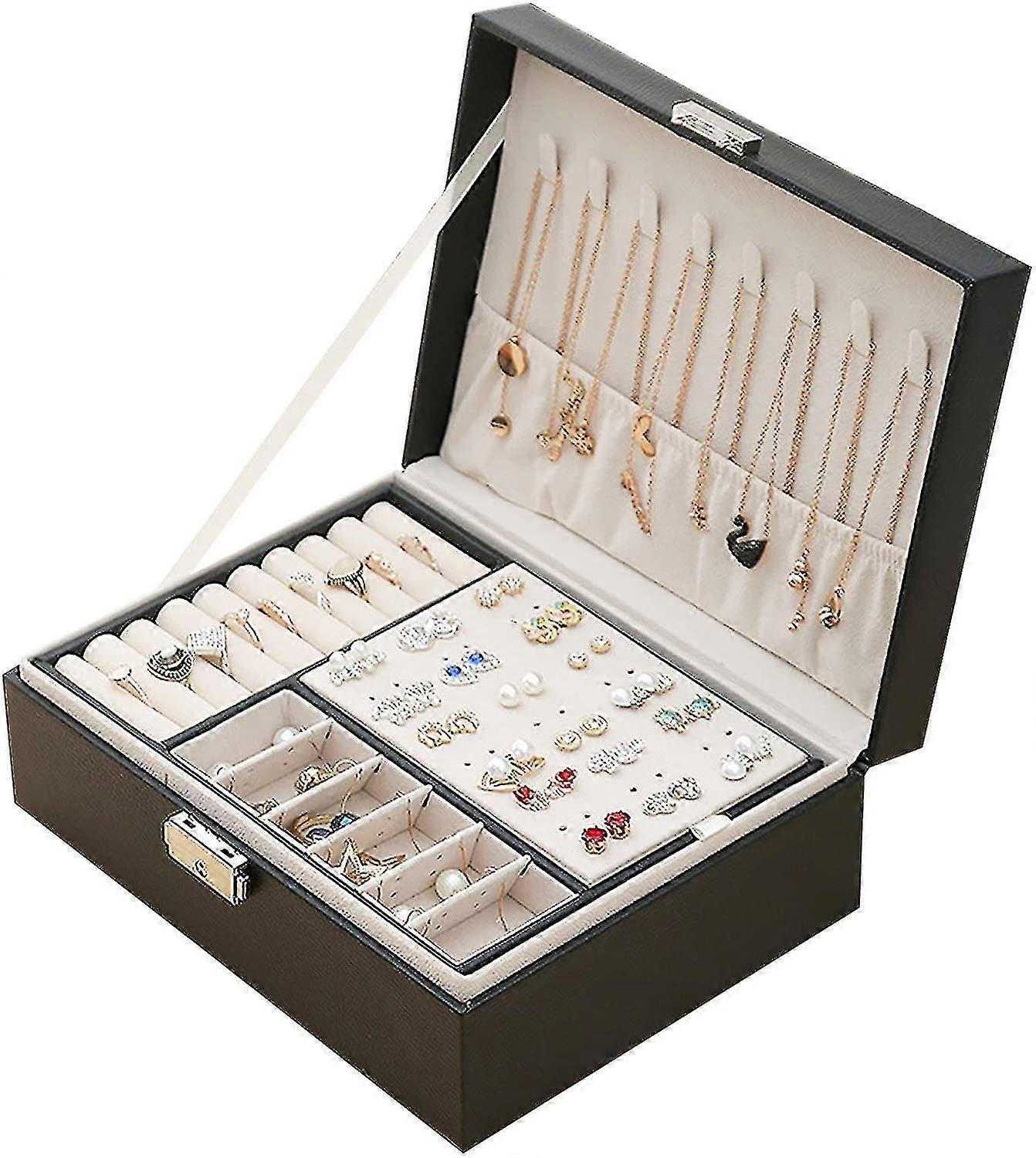 Double-layer Lockable Jewelry Box Pu Leather Removable Partition