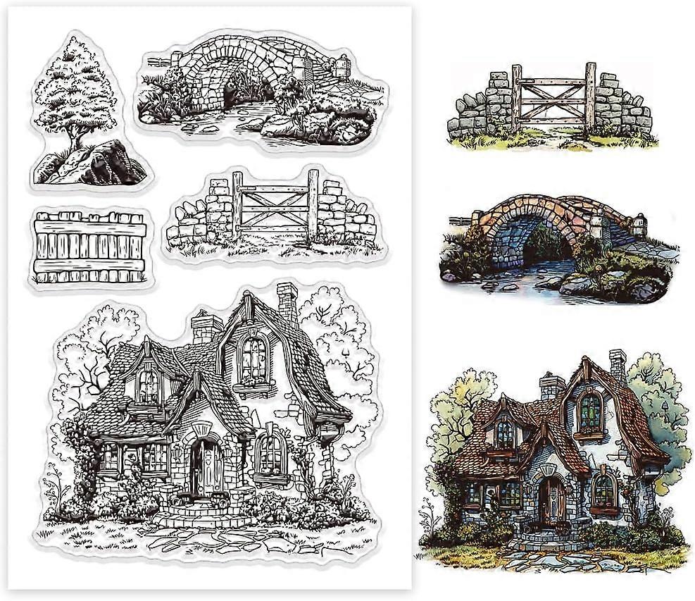 House Landscape Clear Stamps Wooden Fence Stone Bridge Tree Silicone Clear Stamp Seals Scenery Transparent Stamps for DIY Scrapbooking Cards Making Ph