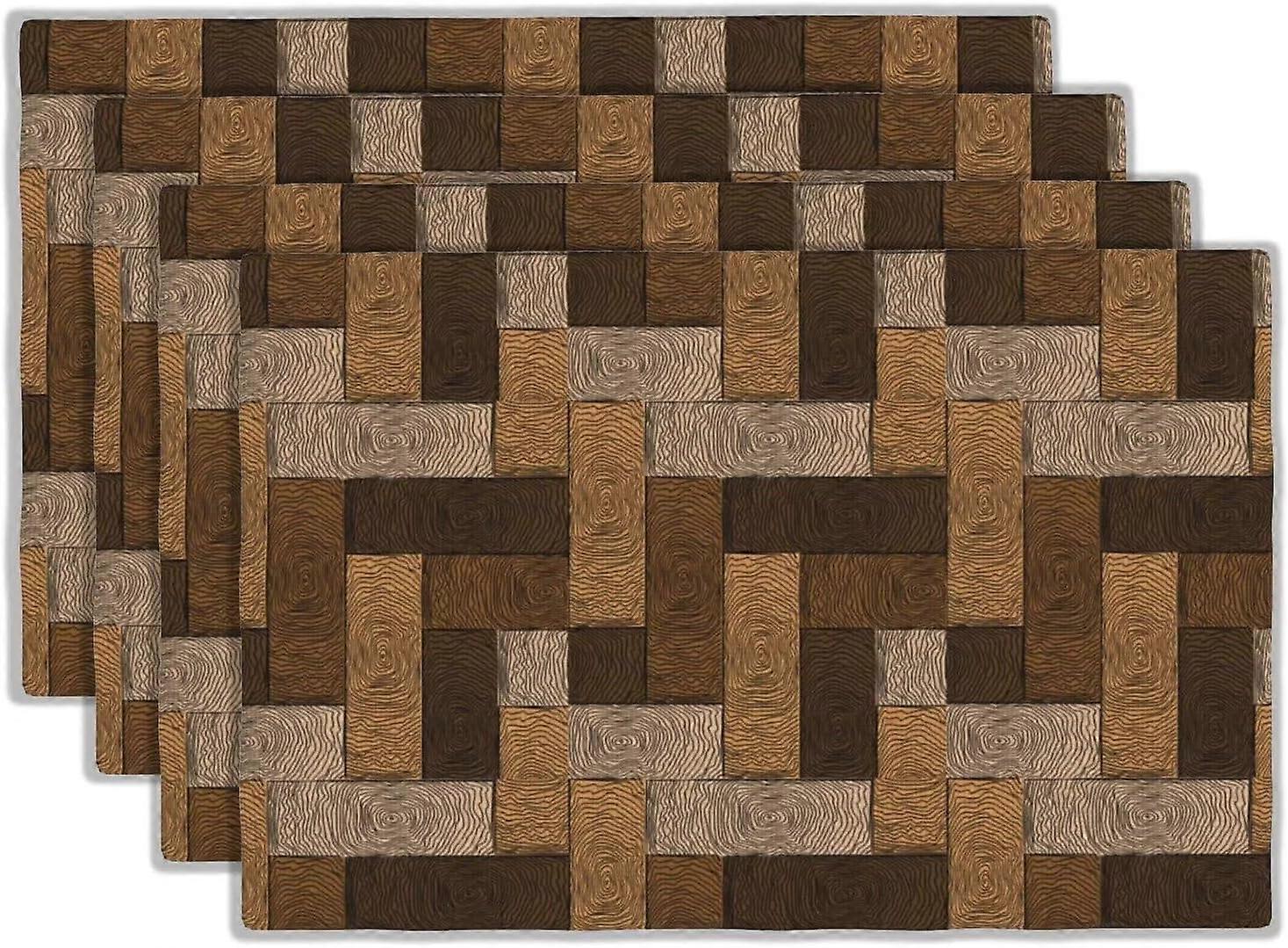 Chocolate Parquet Placemats Set of 4 Wooden Style Geometric Design Linen Washable Place Mats Rectangular Cloth Table Mat for Party Kitchen Dining Deco