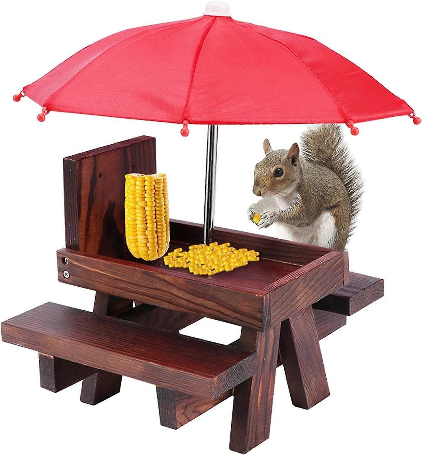 Squirrel Feeder Table  Wooden Squirrel Feeder Picnic Table with Corn Cob Holder  Cute Chipmunk Feeder with Umbrella Benches  for Squirrel and Chipmunk