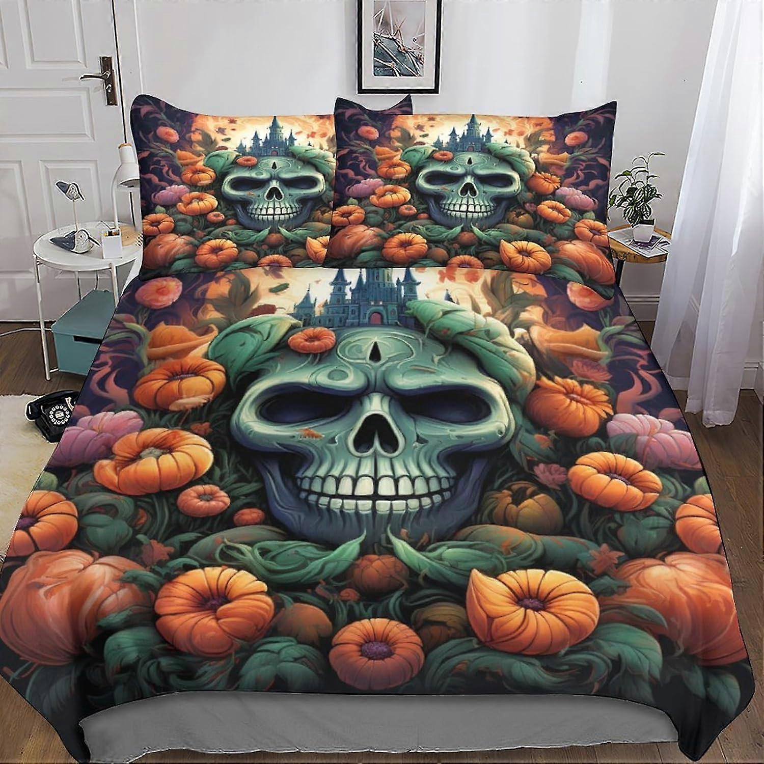 3D Halloween Duvet Cover Bedding and Pillowcase Microfiber Men Youth Boys Kids Pumpkin Lanterns Bedding Sets with Zipper Closure 3 Pcs