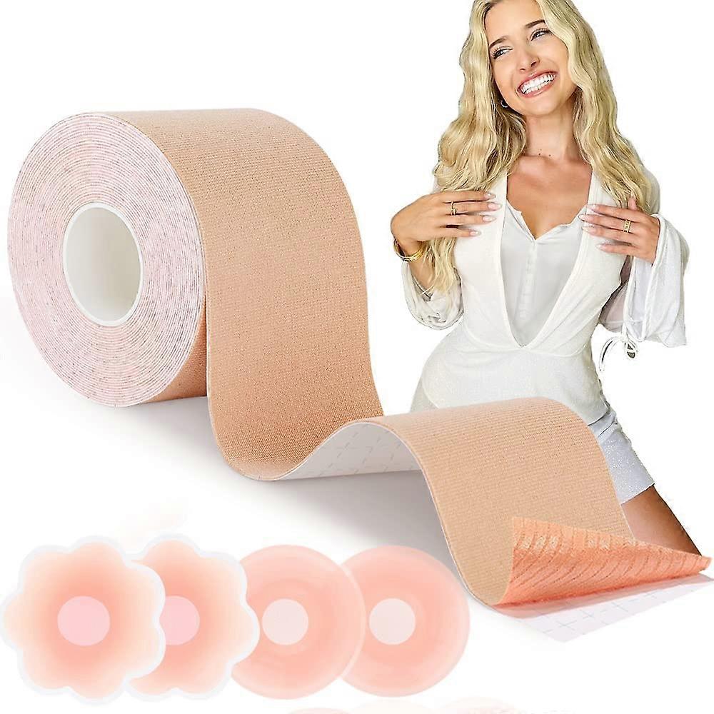 Boob Tape 5M Boobtapes, Skin-Friendly Bob Tape for Large Breast, Booby Tape Invisible with 2pcs Silicone Nipple Covers