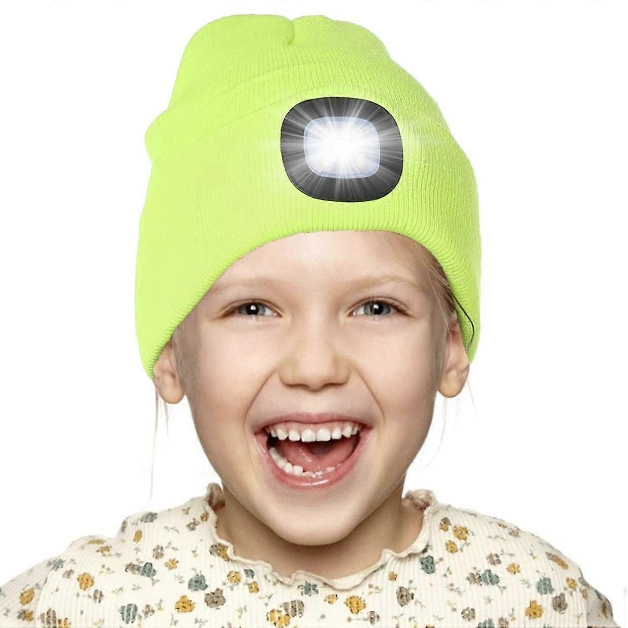 LED Lighted Beanie Cap for Kids, Rechargeable 4 LED Headlamp Hat, Knitted Winter Hat with Torch for Cycling Running