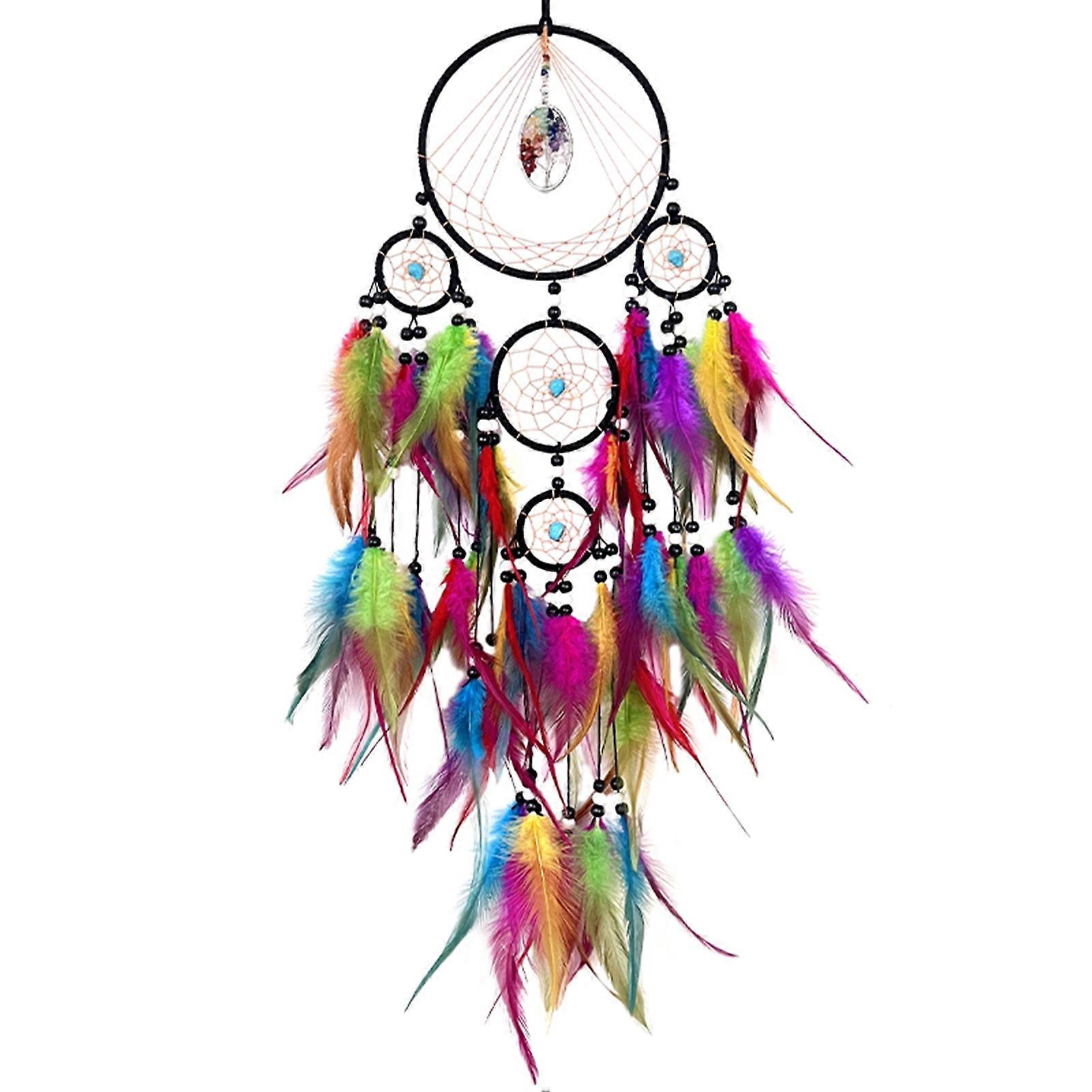 Dream Catcher with Colorful Feather Healing Faux Crystal Stone Good Luck Handmade Wall Ornament Bedroom Decoration KAESI