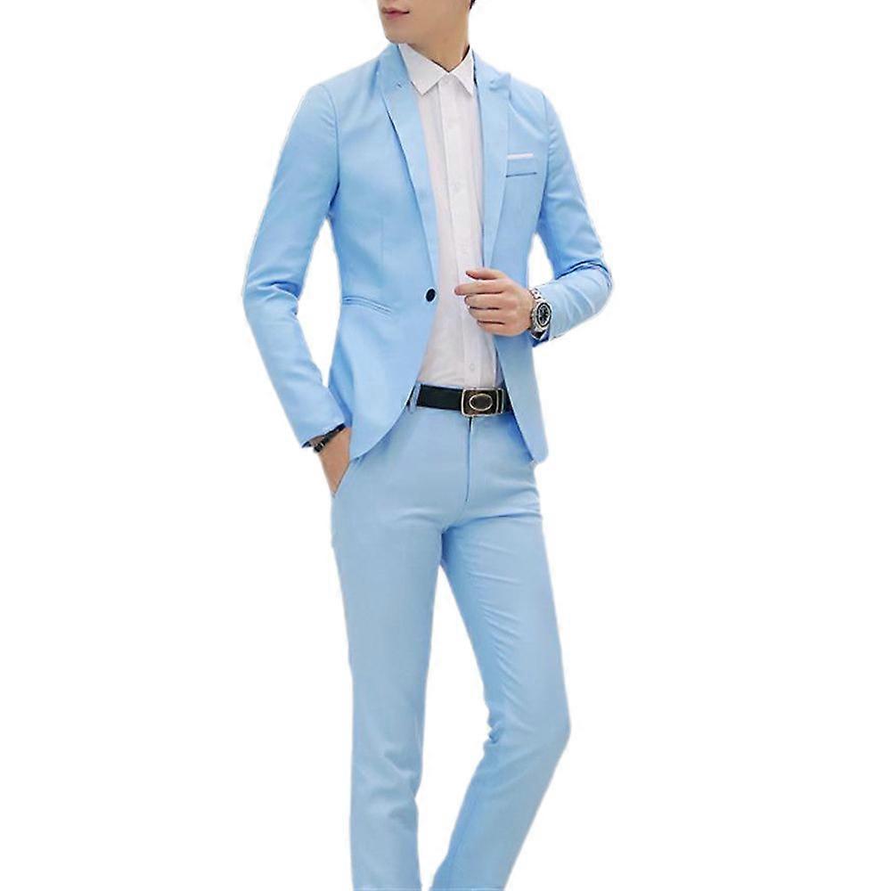 Men Plain Formal Single Breasted Blazer + Trousers Business Suit Set Sky Blue