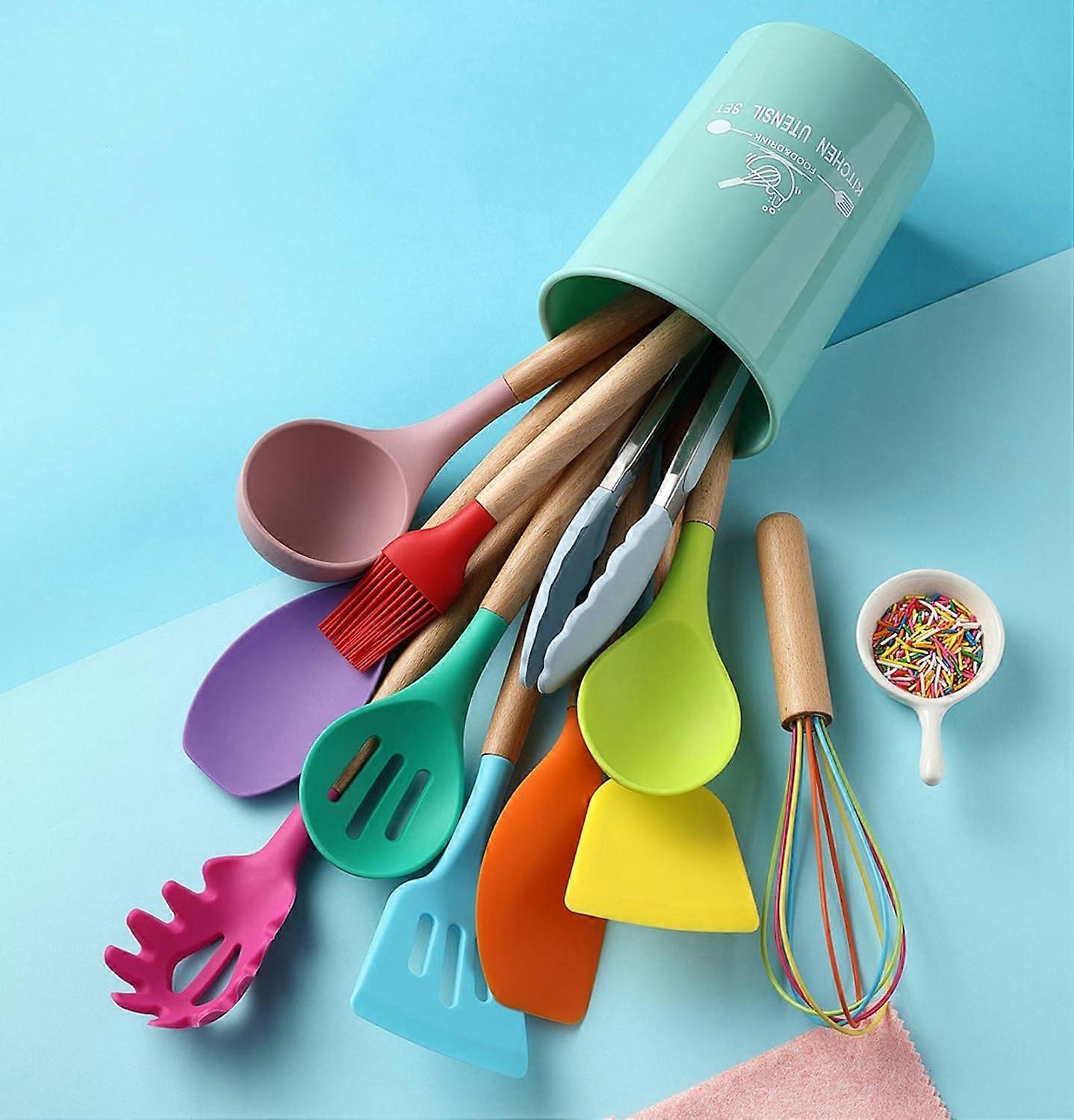Silicone Kitchen Utensils Set for Cooking, Colorful Cooking Utensils Set with Wooden Handle, Non-stick & H