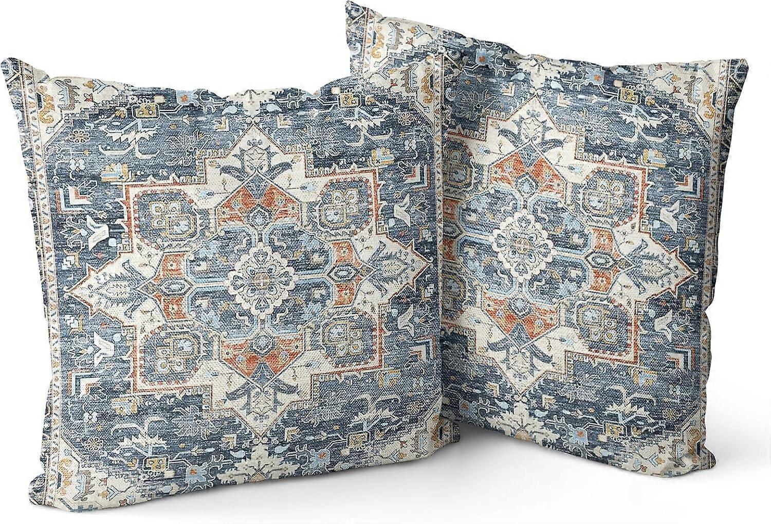 Capas de Almofada Boho 16"x16" Conjunto de 2 Fronhas de Linho com Padrão Bohemiano Cinza Azul Monaco para Sofá Cama de Fazenda