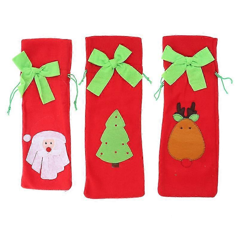 3pcs Christmas Santa / Deer / Tree Pattern Drawstring Wine Bottle Bag Gift Pouch Wrap (red)