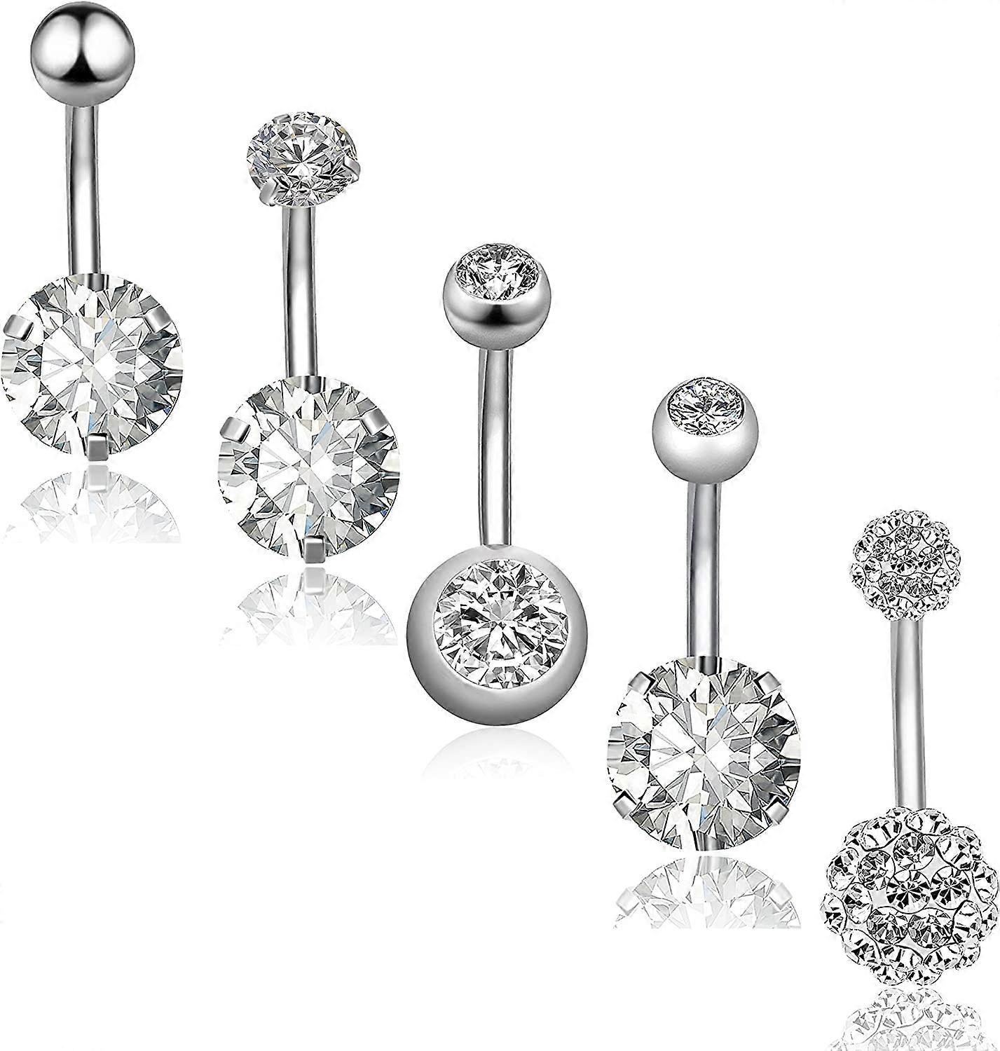 Lot de 5 piercings de nombril en acier inoxydable 14 g pour femmes et filles, avec zircone cubique