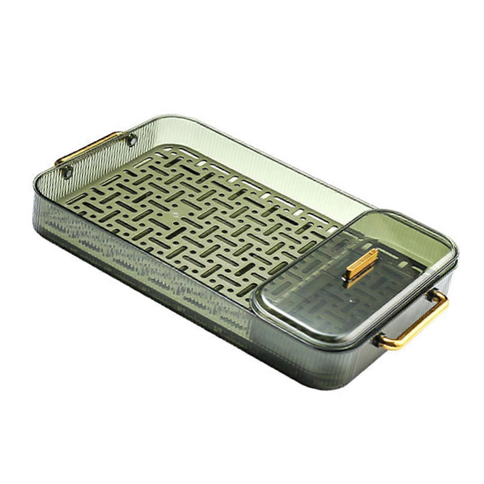 Double Layer Water Drainage Tea Serving Tray with 2 Handles and Storage Box - Dark Green