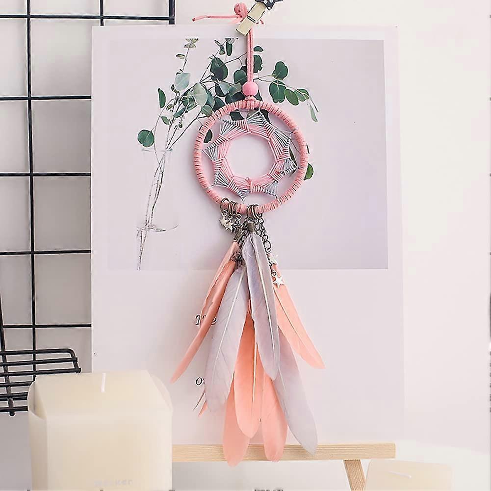 Feather Dream Catcher Decorative Ornament Weaving Pink (Without Light)