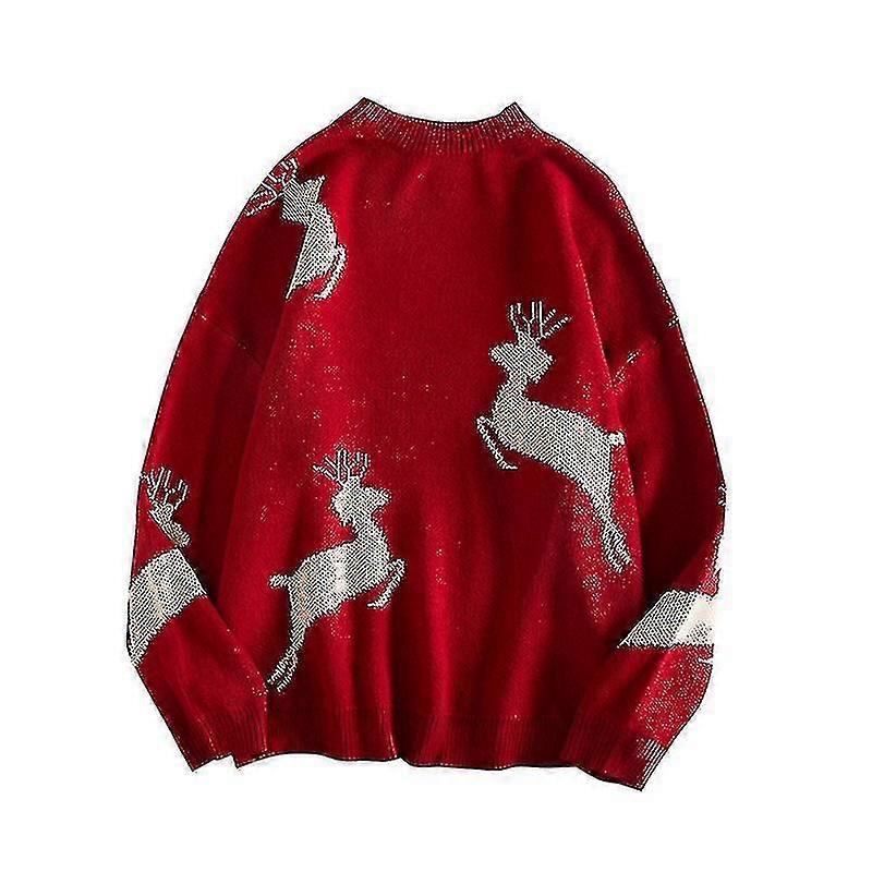 2021 Herbst Winter Langarm Warmhalten Pullover O Hals Elch Weihnachten Paar Pullover - Rot 2Xl-