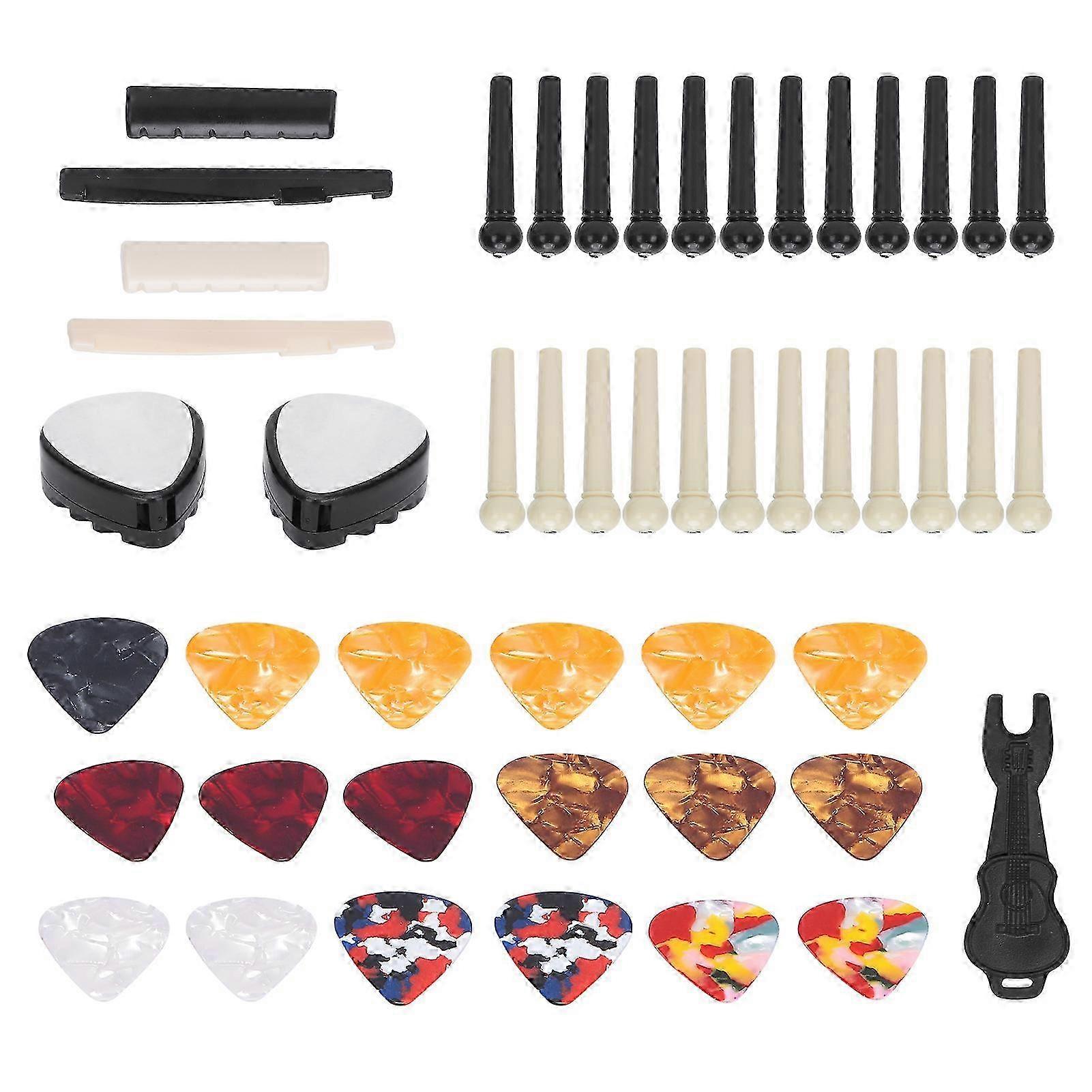 Guitar Accessories Set for Replacement Parts including Bridge Pins, Celluloid Picks, Nuts, Saddles, and Nail Remover