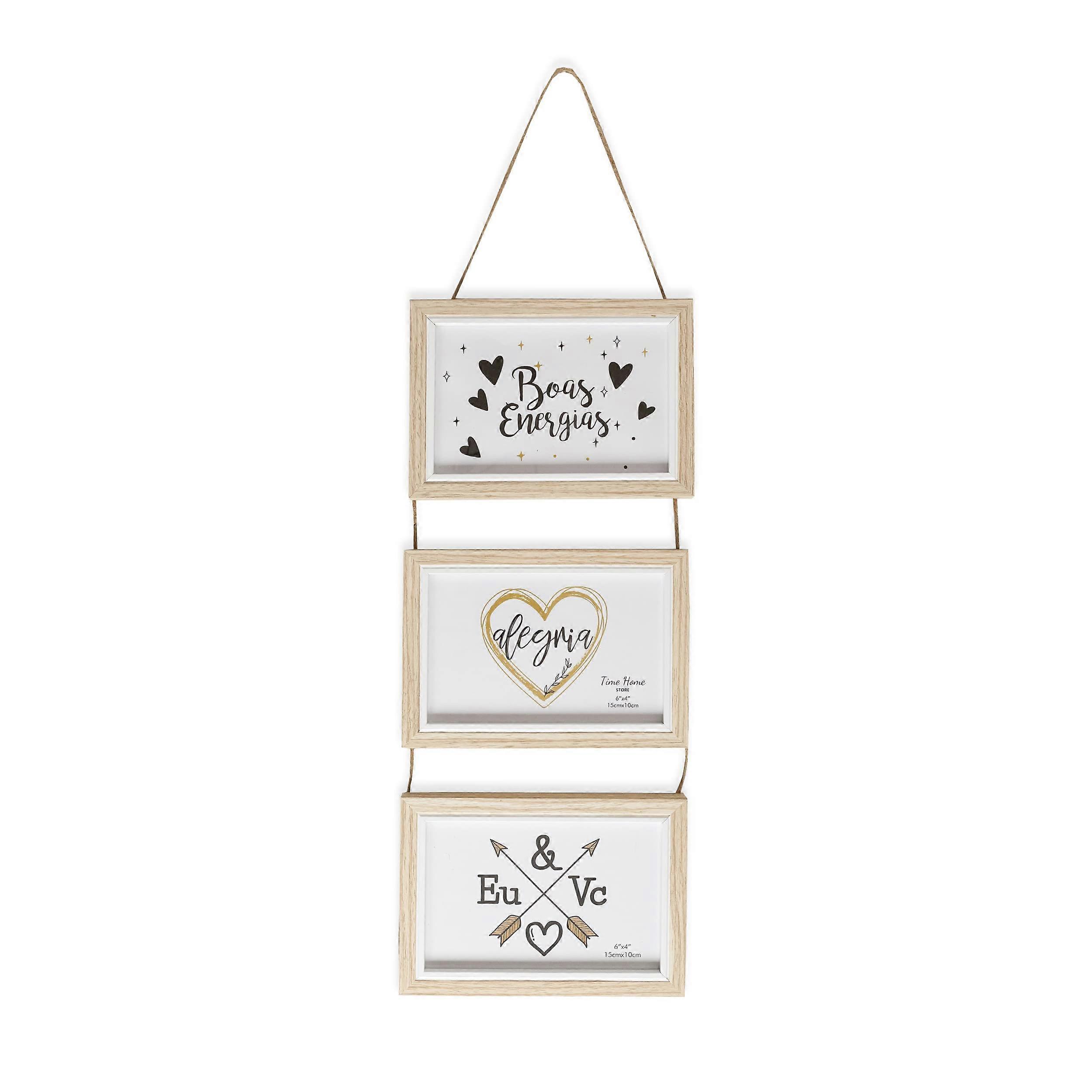 Decorative wooden photo frame to hang on the wall, for 3 photos of 15 x 10 cm, vertical. Beige