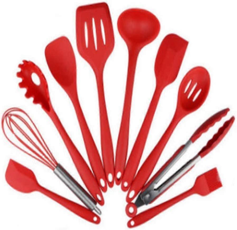 10 Pack Heat Resistant Silicone Kitchen Utensils Non-Stick (Red)
