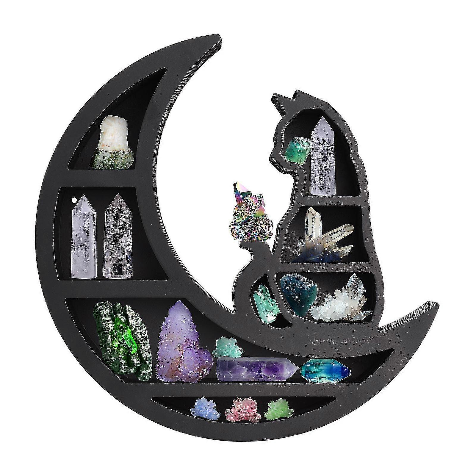Wooden Floating Shelf Display Stand Decorated Moon Cat Fairy Heart Crystal,100% New