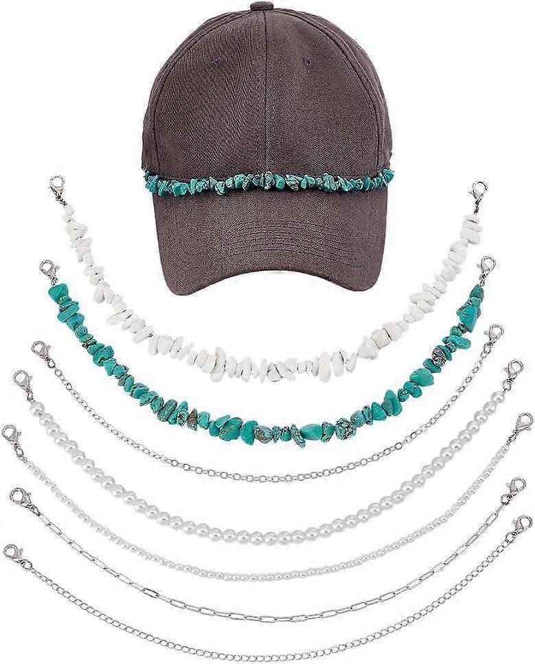 7 Pcs 7 Styles Trucker Hat Chains Hip-Pop Style Trucket Hat Charms DIY Pearl/Turquoise/Metal Decoration Chains Cap Accessories Chains for Mesh Basebal