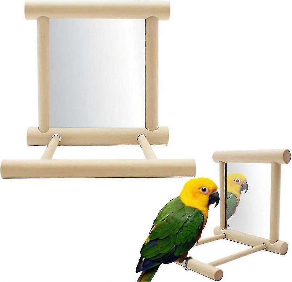 Bird Mirror With Perch, Fainfun 10*10*10 Cm Wooden Perch With Mirror For Birds, Bird Stand Perch With Mirror