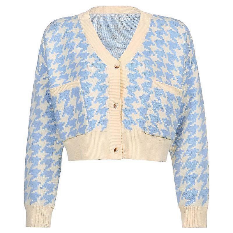 Women's Autumn and Winter Chibi Check Knitted Cardigan V-Neck Casual Sweater