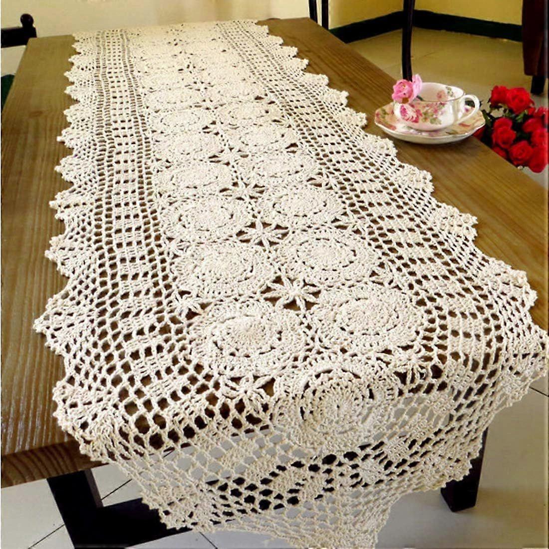 Toalha de mesa Handmade Crochet Cotton Lace Table Runner, 15,7 x 59 polegadas bege