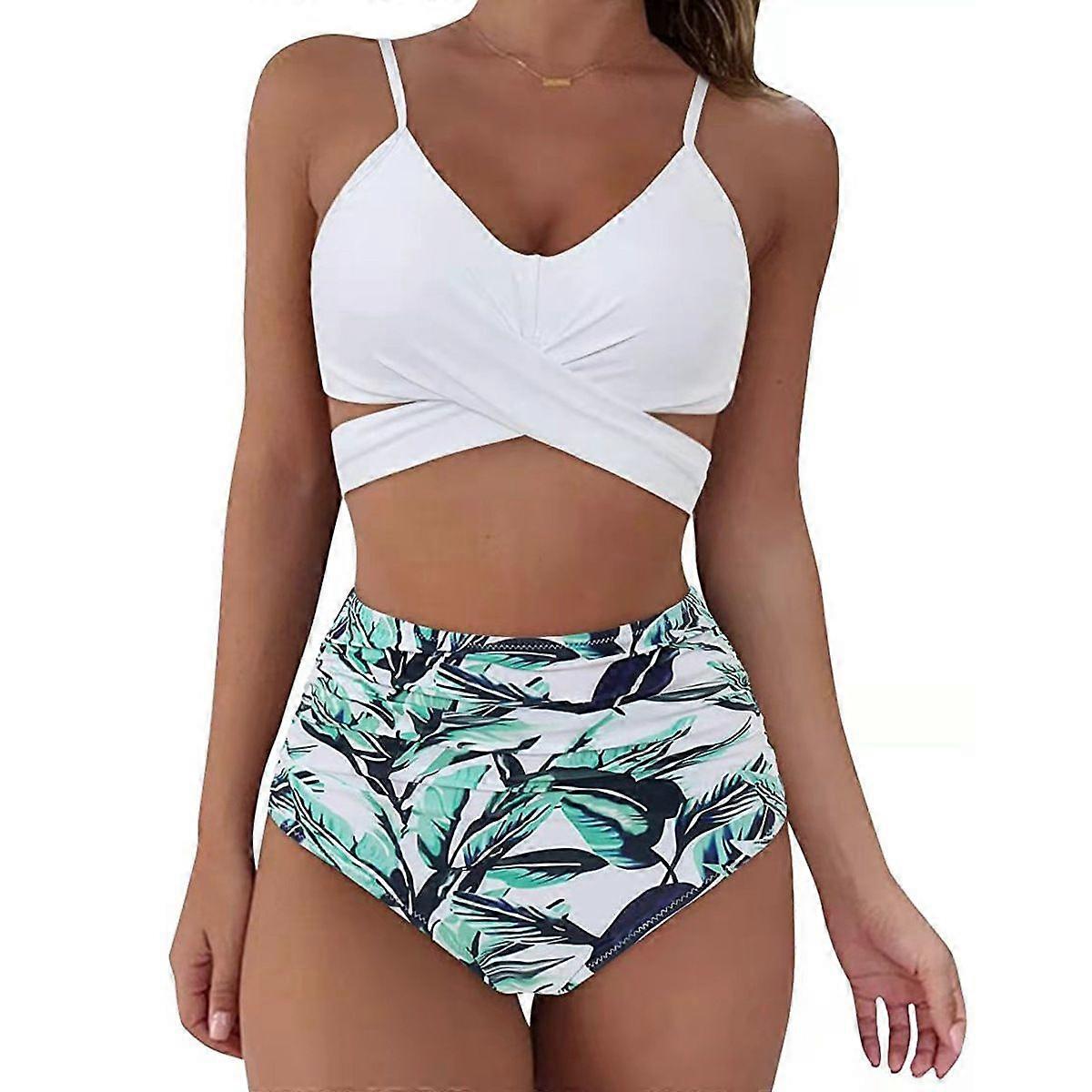 Ladies Wrap Bikini Set Push Up High Waist Two Piece Swimsuit Split Snakeskin Print Swimsuit for Swimming Water Sports (White) XL