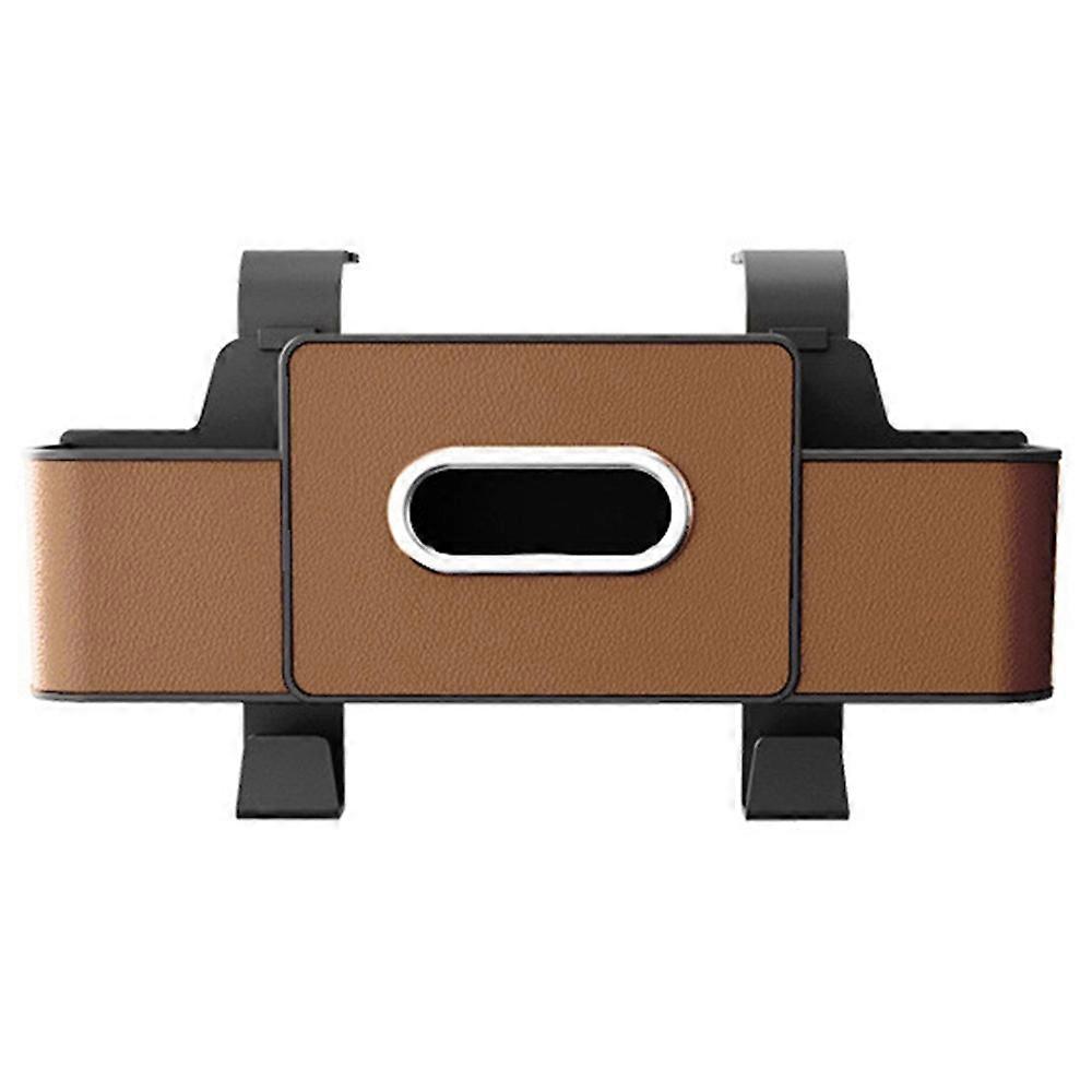 Car Seat Back Multi-Function Storage Organizer Leather+ABS Tissue Box Cup Holder with Hooks-Brown